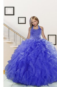 Most Popular Halter Top Beading and Ruffles Kids Formal Wear Blue Lace Up Sleeveless Floor Length