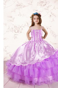 Affordable Sleeveless Lace Up Floor Length Embroidery and Ruffled Layers Little Girl Pageant Gowns