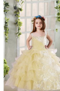 High End Floor Length Light Yellow Pageant Dresses Organza Sleeveless Lace and Ruffled Layers