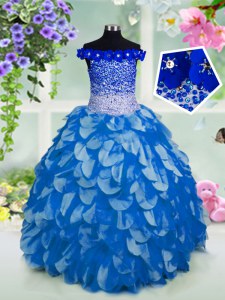 Off the Shoulder Sequins Floor Length Ball Gowns Short Sleeves Blue Kids Formal Wear Lace Up