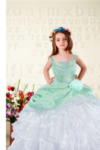 White Lace Up Little Girl Pageant Dress Beading and Ruffles Sleeveless Floor Length