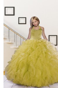 Glorious Halter Top Sleeveless Lace Up Pageant Gowns For Girls Light Yellow Organza