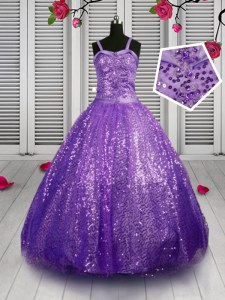 Lavender Sleeveless Floor Length Sequins Lace Up Kids Formal Wear