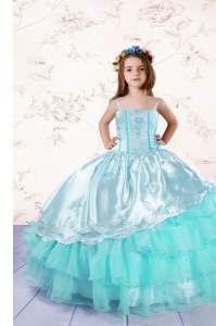 Exquisite Floor Length Lace Up Pageant Gowns For Girls Turquoise for Party and Wedding Party with Embroidery and Ruffled Layers