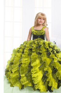 Organza Straps Sleeveless Lace Up Beading and Ruffles Pageant Dress in Light Yellow
