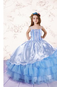 Unique Floor Length Baby Blue Girls Pageant Dresses Organza Sleeveless Embroidery and Ruffled Layers