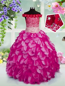 Off the Shoulder Fuchsia Organza Lace Up Little Girl Pageant Gowns Sleeveless Floor Length Beading and Hand Made Flower
