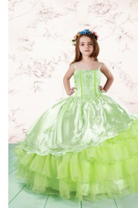 Yellow Green Lace Up Spaghetti Straps Embroidery and Ruffled Layers Pageant Gowns Organza Sleeveless