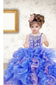 Floor Length Lace Up Little Girls Pageant Gowns Multi-color for Military Ball and Sweet 16 and Quinceanera with Beading and Ruffles and Sequins