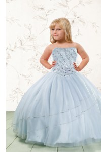 Sleeveless Tulle Floor Length Lace Up Kids Formal Wear in Baby Blue with Beading