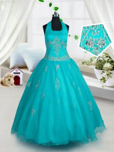 Aqua Blue Halter Top Lace Up Appliques Winning Pageant Gowns Sleeveless