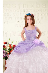 Lilac Straps Neckline Beading and Ruffled Layers and Hand Made Flower Evening Gowns Sleeveless Lace Up