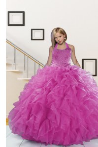 New Arrival Pink Ball Gowns Halter Top Sleeveless Organza Floor Length Lace Up Beading and Ruffles Glitz Pageant Dress