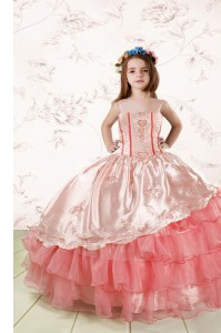 Cheap Sleeveless Lace Up Floor Length Embroidery and Ruffled Layers Little Girl Pageant Gowns