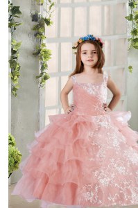 Sleeveless Organza Floor Length Lace Up Glitz Pageant Dress in Baby Pink with Lace and Ruffled Layers