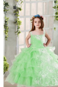 Organza Square Sleeveless Lace Up Lace and Ruffled Layers Little Girl Pageant Gowns in Apple Green