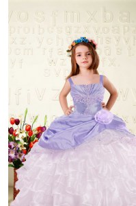 Lavender Sleeveless Floor Length Beading and Ruffled Layers and Hand Made Flower Lace Up Child Pageant Dress