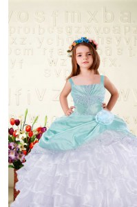 Pretty Aqua Blue Lace Up Little Girls Pageant Dress Wholesale Beading and Ruffled Layers and Hand Made Flower Sleeveless Floor Length