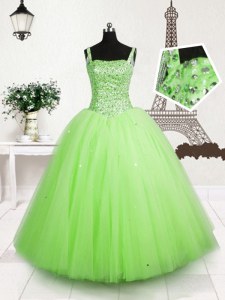 Excellent Tulle Straps Sleeveless Lace Up Beading and Sequins Little Girls Pageant Dress Wholesale in Apple Green