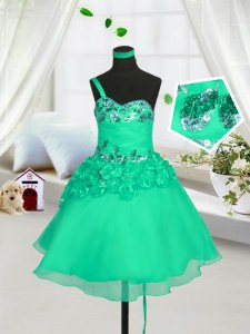 Turquoise A-line One Shoulder Sleeveless Organza Knee Length Lace Up Beading and Hand Made Flower Flower Girl Dress
