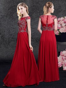 Luxurious Red Mother of Bride Dresses Prom and Party and Military Ball and Wedding Party and For with Appliques Scoop Cap Sleeves Zipper