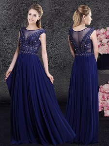 Fancy Navy Blue Side Zipper Scoop Beading and Appliques Mother of Bride Dresses Chiffon Cap Sleeves