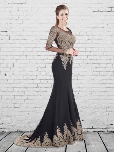 Mermaid Scoop Long Sleeves Mother of the Bride Dress With Brush Train Appliques Black Elastic Woven Satin