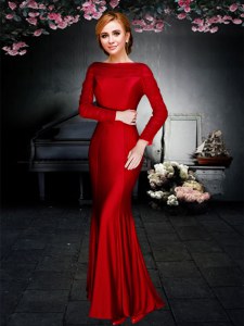 Off the Shoulder Red Column/Sheath Ruching Mother Dresses Zipper Elastic Woven Satin Long Sleeves Ankle Length