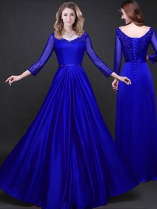 Fashion Royal Blue Mother of the Bride Dress Prom and For with Appliques and Belt V-neck Long Sleeves Lace Up
