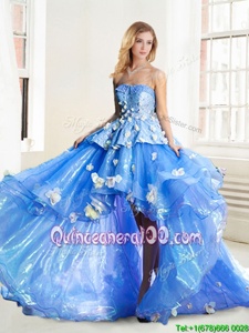 Perfect Blue Lace Up Strapless Appliques Quinceanera Dress Organza Sleeveless