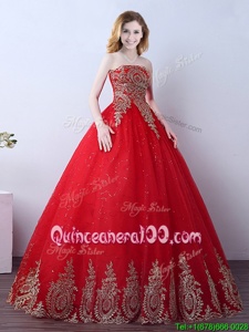 High Class Sequins Floor Length Red Quinceanera Gown Strapless Sleeveless Lace Up