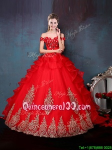 Discount Red Ball Gowns Tulle Off The Shoulder Sleeveless Beading and Appliques and Ruffles Floor Length Lace Up Quinceanera Dresses