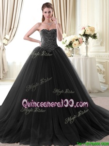 Smart Tulle Sweetheart Sleeveless Lace Up Beading 15 Quinceanera Dress inBlack