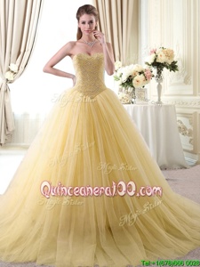 Sleeveless Floor Length Beading Lace Up Quince Ball Gowns with Gold