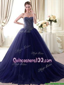 Traditional Navy Blue Sleeveless Beading Floor Length Sweet 16 Quinceanera Dress