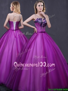 Cheap Purple Tulle Lace Up Scoop Sleeveless Floor Length Quinceanera Dress Beading and Appliques