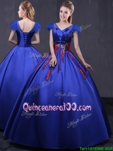 Wonderful V-neck Cap Sleeves Satin Quinceanera Gown Appliques Lace Up