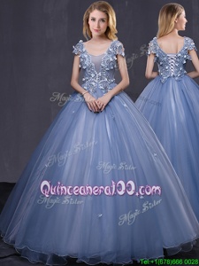 Scoop Lavender Lace Up Sweet 16 Quinceanera Dress Appliques Short Sleeves Floor Length