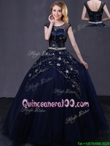 Fine Scoop Black Tulle Lace Up Quinceanera Gowns Cap Sleeves Floor Length Beading and Belt