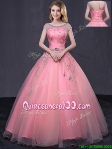 Cheap Scoop Cap Sleeves Floor Length Lace Up Quinceanera Gown Watermelon Red and In forMilitary Ball and Sweet 16 and Quinceanera withBeading and Belt