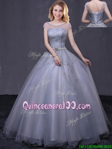 New Style Scoop Grey Ball Gowns Beading and Belt Quinceanera Dresses Lace Up Tulle Cap Sleeves Floor Length