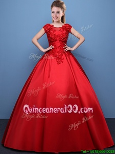 Extravagant Scoop Cap Sleeves Satin Floor Length Lace Up 15 Quinceanera Dress inRed forSpring and Summer and Fall and Winter withAppliques