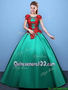 Top Selling Green Scoop Neckline Appliques Quince Ball Gowns Cap Sleeves Lace Up
