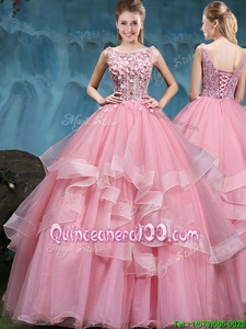 Luxury Baby Pink Tulle Lace Up Scoop Sleeveless Floor Length Sweet 16 Dress Lace and Appliques and Ruffles