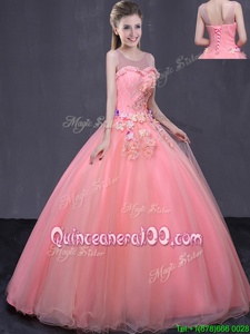 Hot Sale Watermelon Red Quinceanera Dresses Military Ball and Sweet 16 and Quinceanera and For withBeading and Appliques Scoop Sleeveless Lace Up