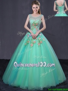 Scoop Sleeveless Floor Length Beading and Appliques Lace Up Quinceanera Dress with Turquoise