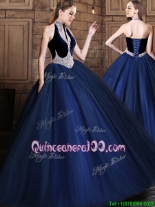 Best Halter Top Floor Length Ball Gowns Sleeveless Navy Blue Quinceanera Gowns Lace Up