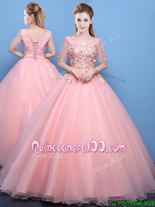 Sumptuous Baby Pink Ball Gowns V-neck Half Sleeves Tulle Floor Length Lace Up Appliques 15 Quinceanera Dress