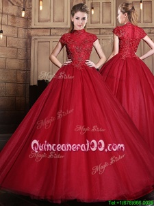 Comfortable Wine Red Ball Gowns Appliques Vestidos de Quinceanera Zipper Tulle Short Sleeves Floor Length