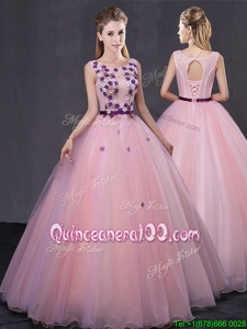 Captivating Scoop Sleeveless Floor Length Appliques Lace Up Quinceanera Gown with Baby Pink